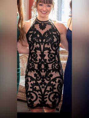 Jolene Collection Elegant Black Beaded Overlay Halter Dress